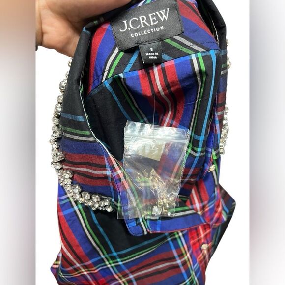 J.Crew Collection embellished cropped button-up shirt Stewart tartan cotton 8 - Picture 5 of 7